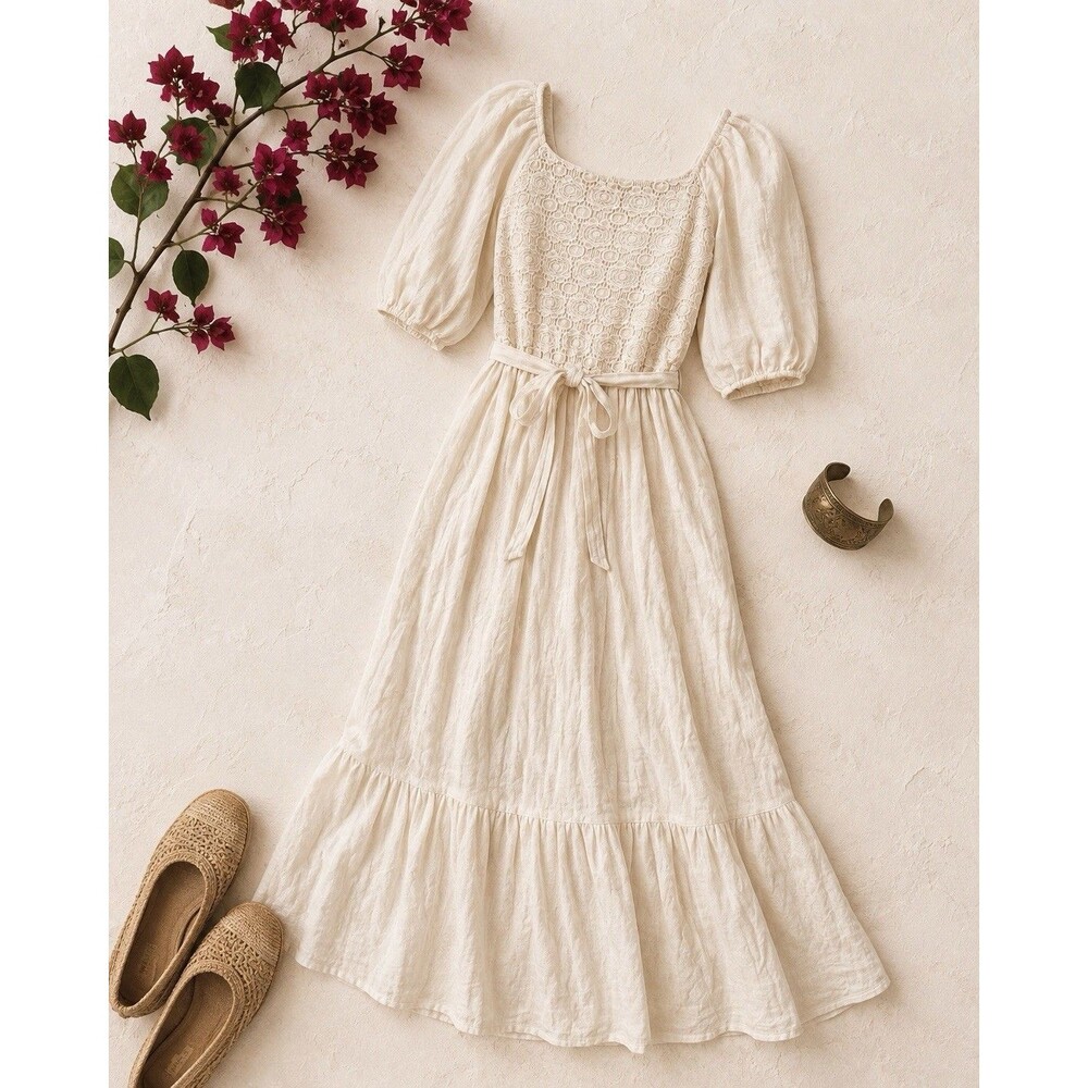 Luxology Cream Lace Maxi Dress Medium Puff Sleeve Boho